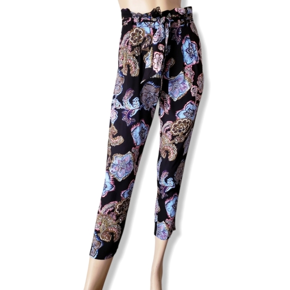 Breeze Ever Pants - Breeze Ever Black, Pink, Blue & Green Floral Paperbag High Waisted Cropped Pants